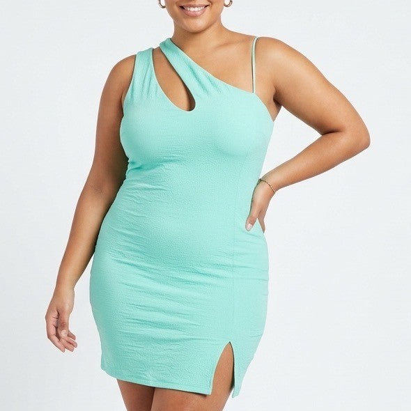 Naked Wardrobe Turquoise One Shoulder Cutout Mini Bodycon Dress XL Side Slit