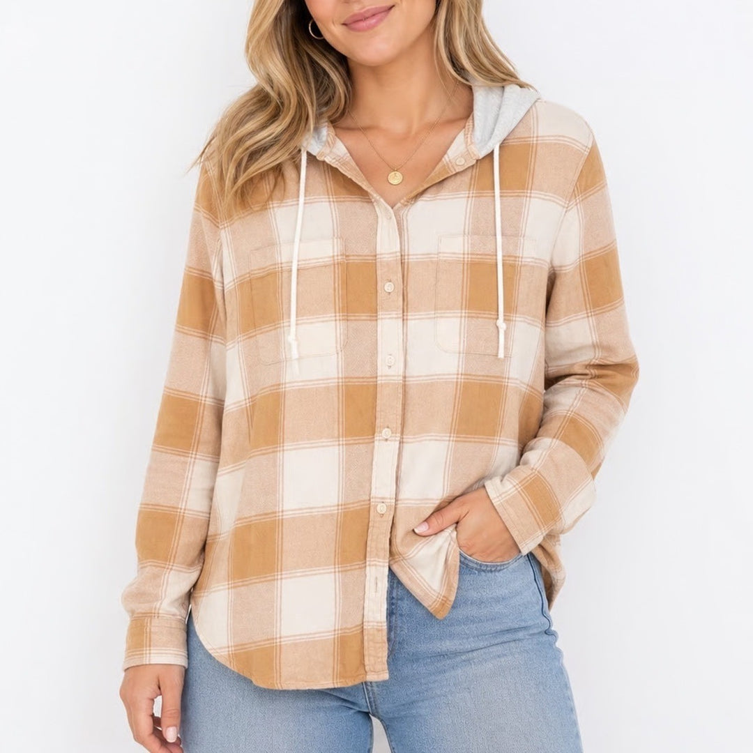 NET Ladies Mustard Yellow Plaid Hooded Flannel Shirt Button Down Size S