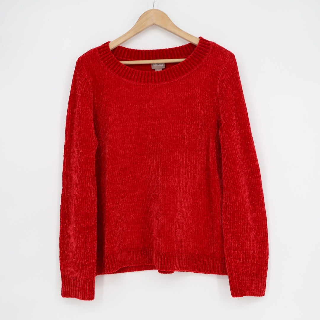 Chicos Red Chenille Sweater Crew Neck Long Sleeve Pullover Size 2