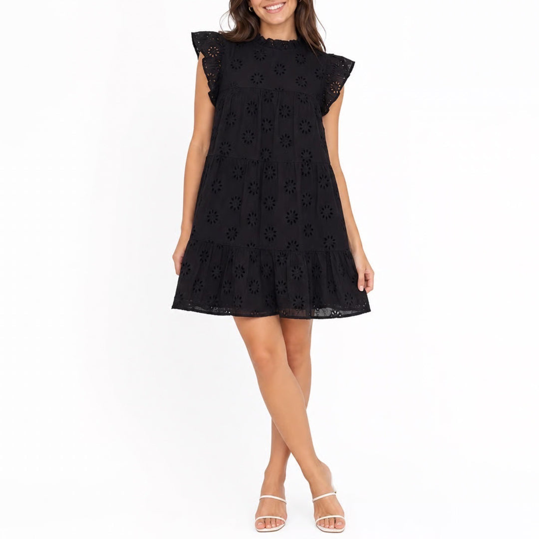 Entro Black Floral Eyelet Tiered Mini Dress Ruffle High Neck L