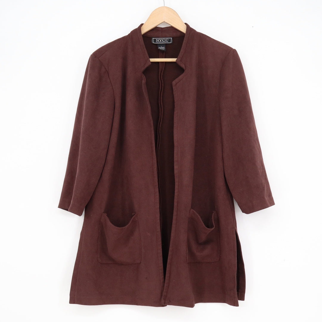 NYCC Brown Faux Suede Open Front Cardigan Jacket Womens Large 3/4 Sleeve Pockets