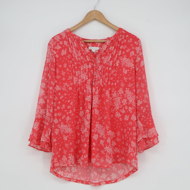 Charter Club Womens Coral Red Floral Pleated V-Neck Tiered Bell Sleeve Blouse L