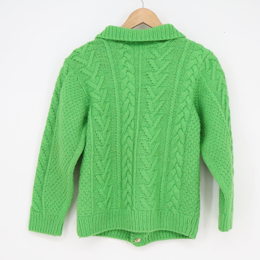 Vintage Handmade Green Cable Knit Cardigan Button Up Chunky Collared Sweater