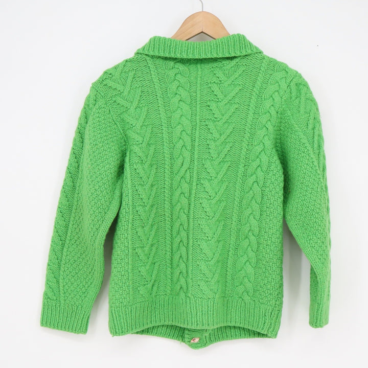 Vintage Handmade Green Cable Knit Cardigan Button Up Chunky Collared Sweater