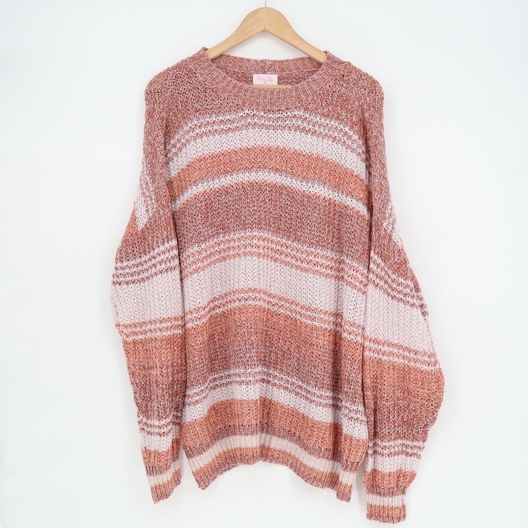 Pink Lily Raelyn Sweater Womens M Multi Striped Open Knit Boat Neck Long Sleeves