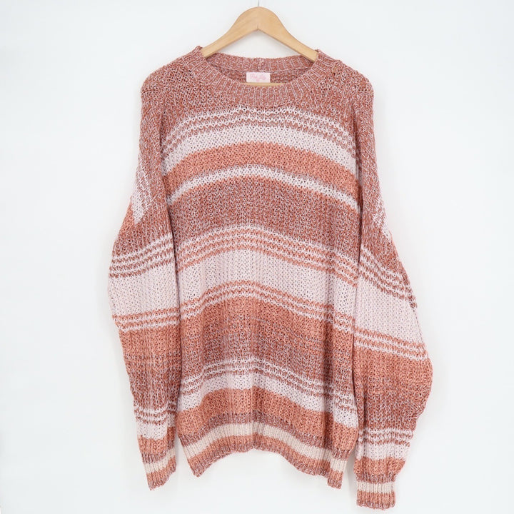 Pink Lily Raelyn Sweater Womens M Multi Striped Open Knit Boat Neck Long Sleeves