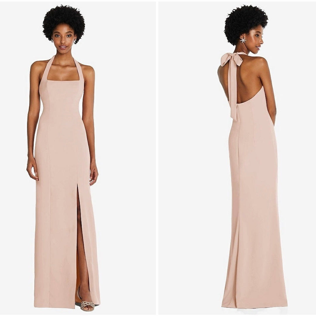 Thread Tie Halter Open Back Trumpet Gown In Cameo Size M
