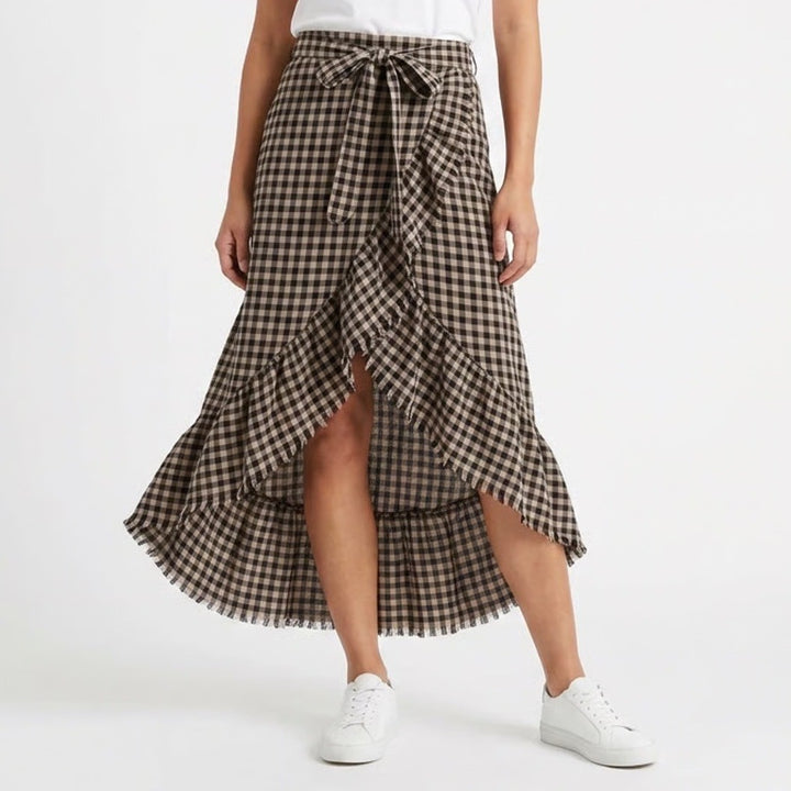 Vintage Havana Black Tan Gingham Wrap Maxi Skirt Cotton Ruffle One Size
