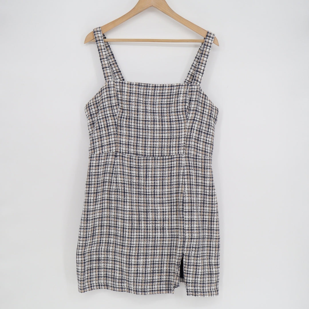 Abercrombie & Fitch Plaid Tweed Mini Dress Navy Tan Square Neck Slit Size L