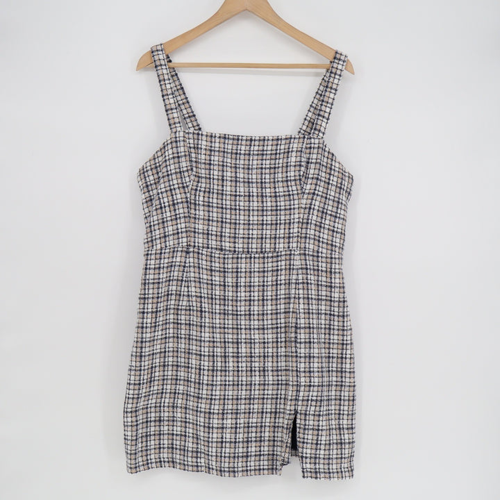Abercrombie & Fitch Plaid Tweed Mini Dress Navy Tan Square Neck Slit Size L