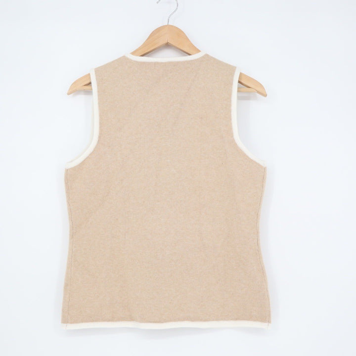 Miss Love Beaded Button Knit Vest Tank Top Size L Beige Cream Trim Sleeveless