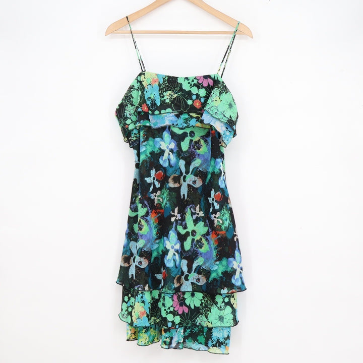 Thalia Sodi Womens Floral Tiered Ruffle Mini Dress Green Blue Black Large