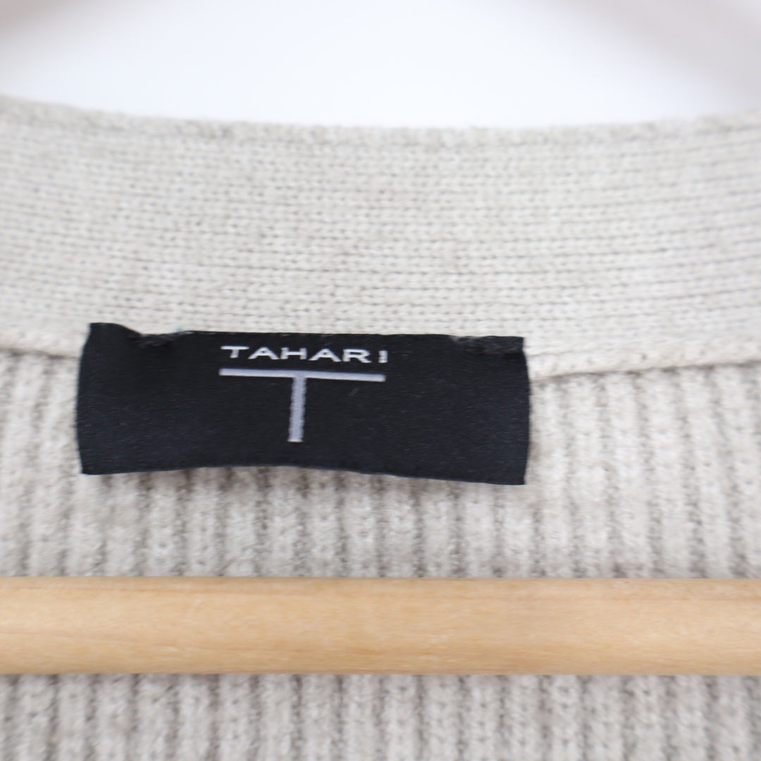 Tahari Womens Ribbed Knit V-Neck Button Front Cardigan Sweater Light Gray