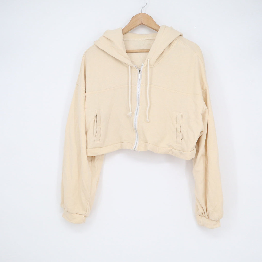 Cream Beige Cropped Zip Up Hoodie Sweatshirt Relaxed Fit Pockets No Size Tag