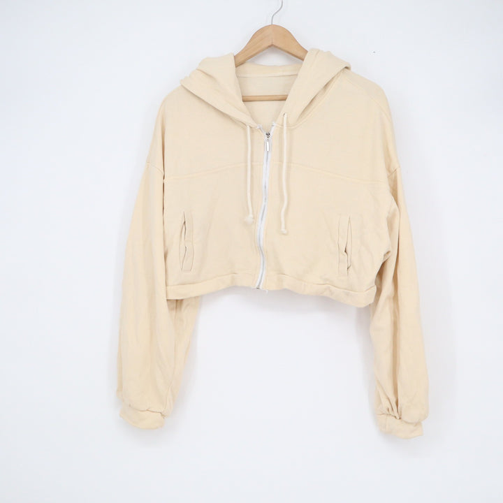 Cream Beige Cropped Zip Up Hoodie Sweatshirt Relaxed Fit Pockets No Size Tag