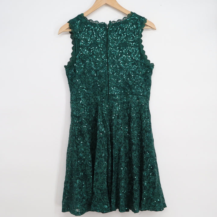 By & By Girl Green Sequin Lace Fit Flare Dress Sleeveless Sz 16.5 Junior Plus