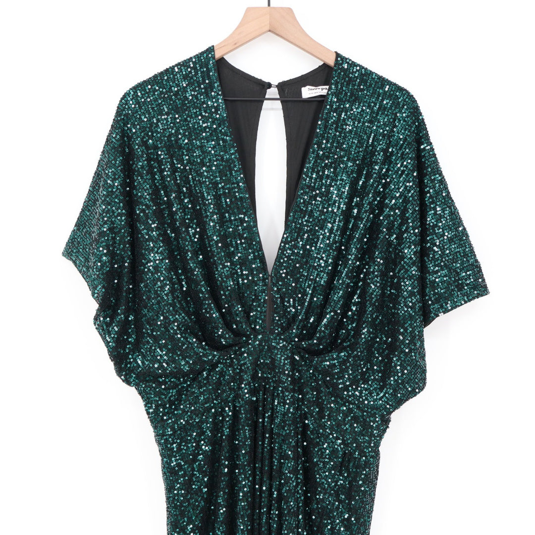 Showpo Miyah Maxi Dress Emerald Green Sequin Plunge Open Back Size 12 SD23080045