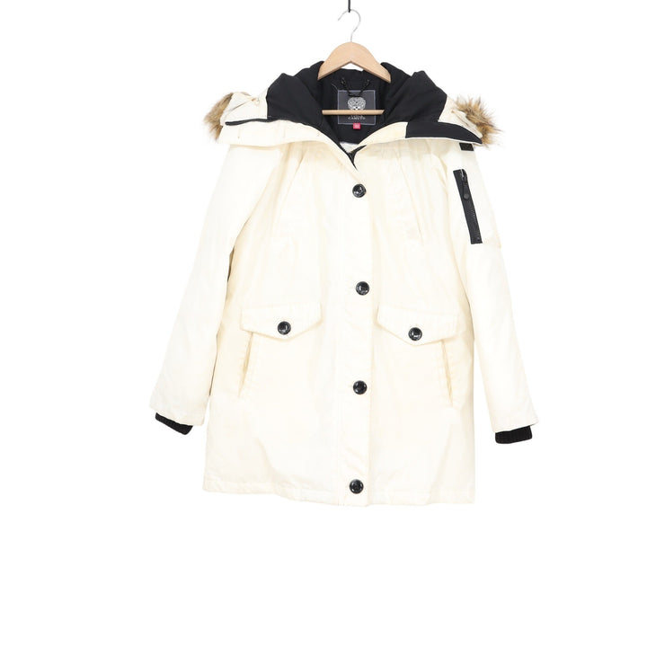 Vince Camuto Womens Ivory Faux Fur Trim Hooded Parka Jacket Coat Size Large