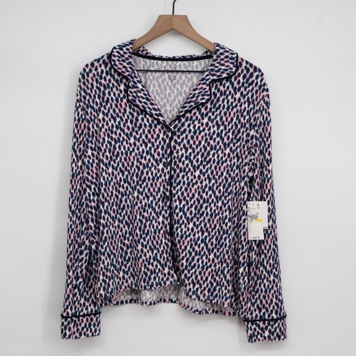 Roudelain Pajamas Top Womens Medium Multi Leopard Print Notch Collar Long Sleeve