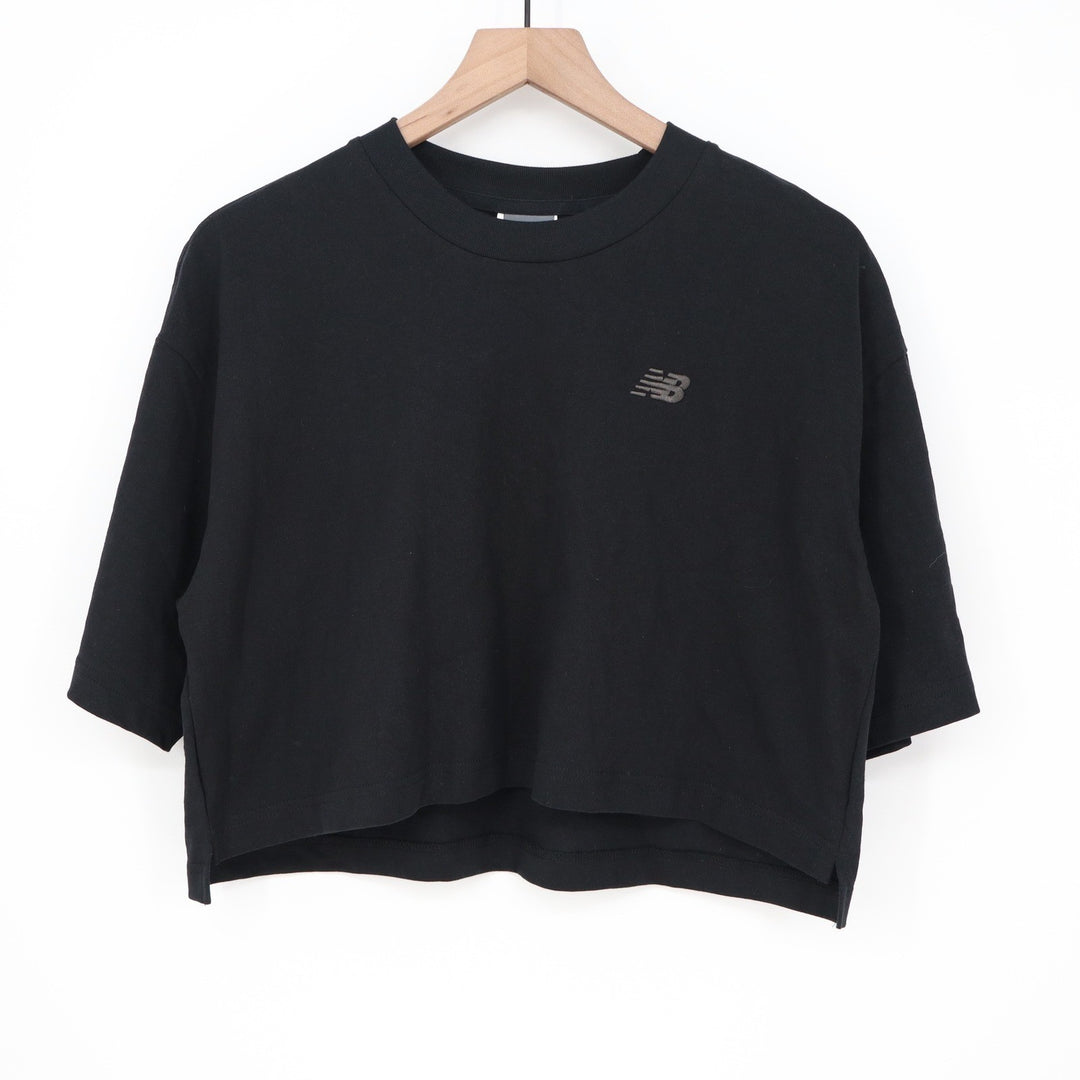 New Balance Womens Oversized Cropped T-Shirt Black Embroidered Logo BK S