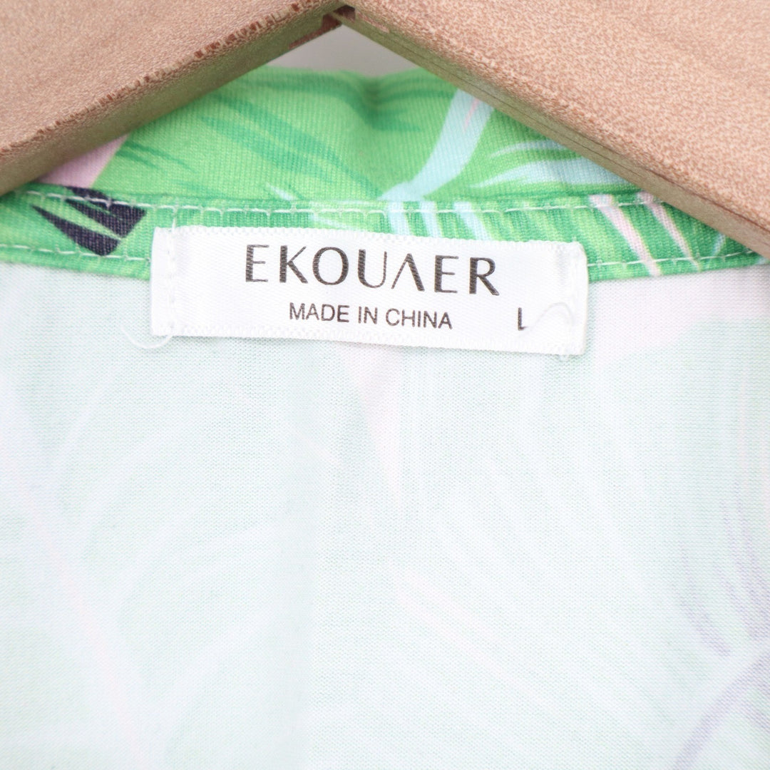 Ekouaer Womens Pajama Set Large Green Pink Tropical Banana Leaf Print 2pc PJ