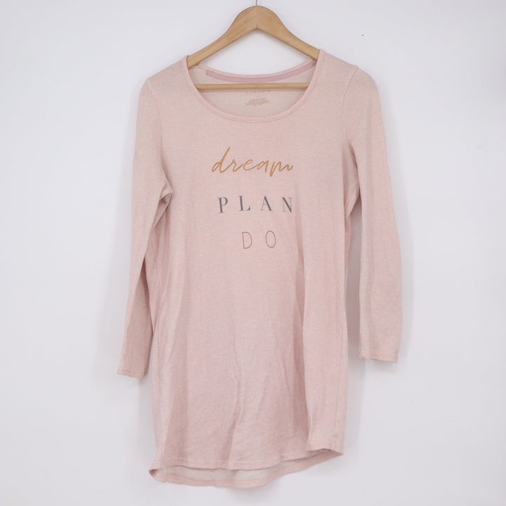 Danskin Womens Pink Dream Plan Do Graphic Long Sleeve Tunic Tee Shirt Small