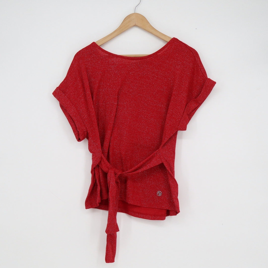 Adrienne Vittadini Red Metallic Shimmer Side Tie Knit Top XL Short Sleeve