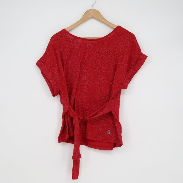 Adrienne Vittadini Red Metallic Shimmer Side Tie Knit Top XL Short Sleeve