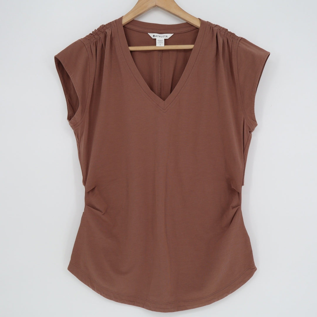 Athleta Renew V-Neck Ruched Cap Sleeve Top Brown Mahogany Large