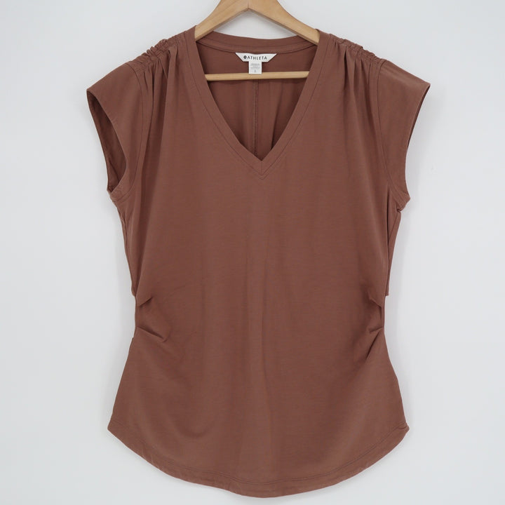 Athleta Renew V-Neck Ruched Cap Sleeve Top Brown Mahogany Large