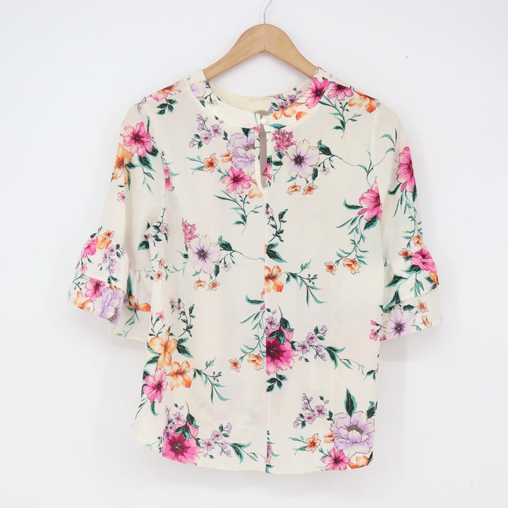 Urban Romantics Blouse Women S Floral Tiered Ruffle Sleeve Cream Keyhole Fair