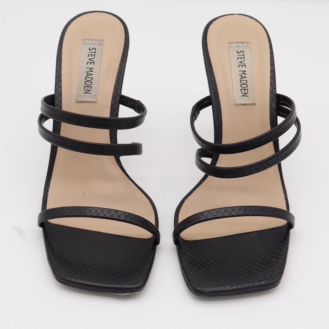 Steve Madden Womens Black Snakeskin Embossed Square Toe Strappy Heels 8.5