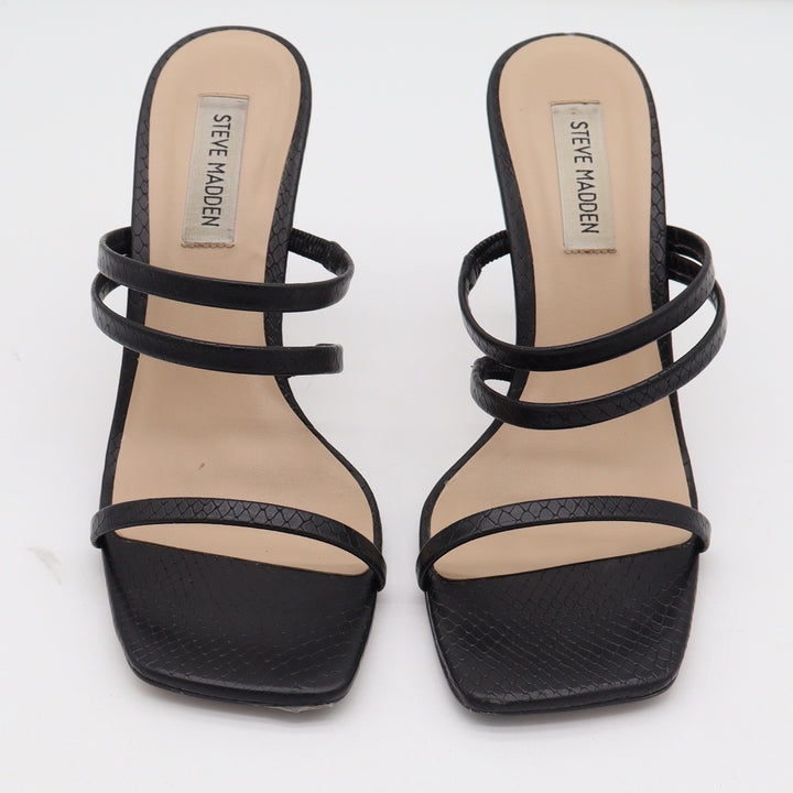 Steve Madden Womens Black Snakeskin Embossed Square Toe Strappy Heels 8.5
