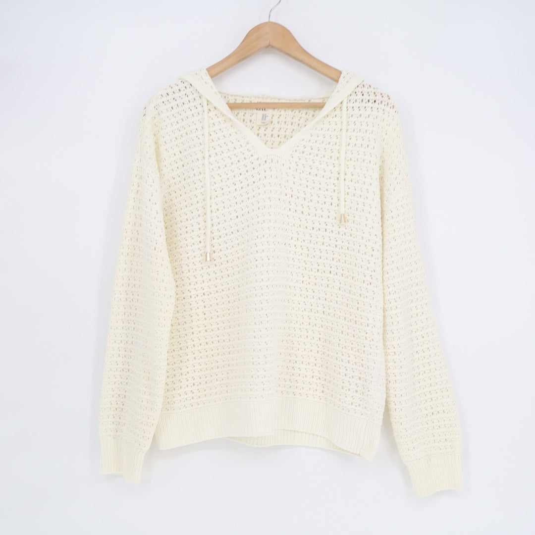 Nicole Miller Artelier Sweater Womens Medium Ivory Open Knit Hooded Long Sleeve