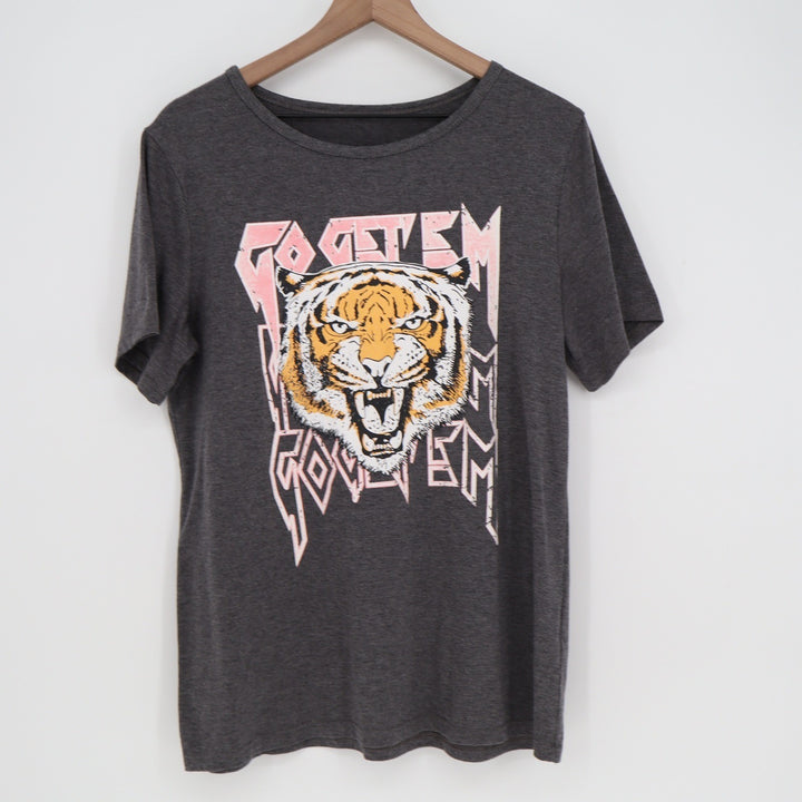 Go Get Em Tiger Graphic Tee Charcoal Grey Short Sleeve Shirt Large