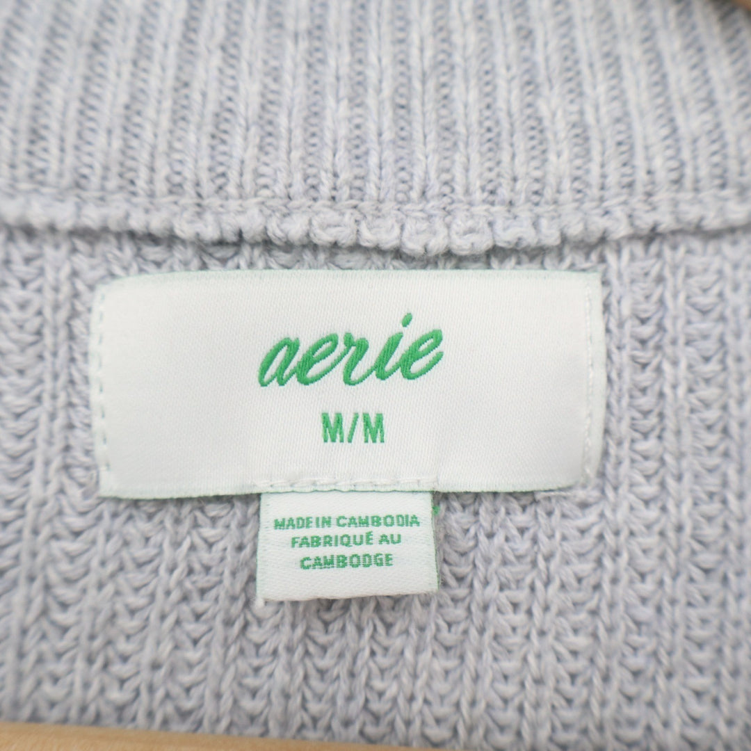 Aerie Sweater Womens Medium Gray Cotton Ribbed Henley Neck Chunky Knit Winter