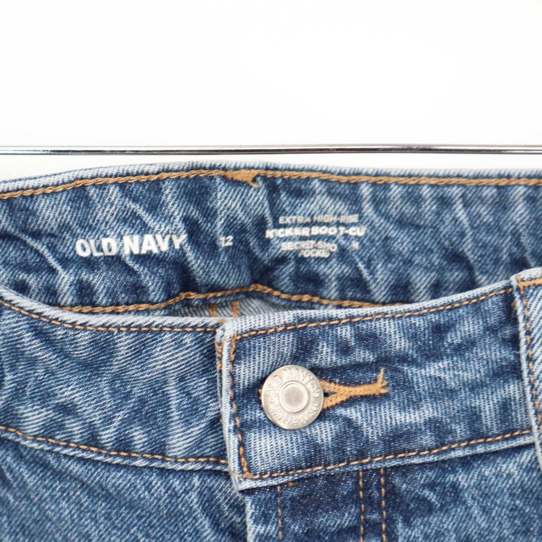 Old Navy Extra High-Rise Kicker Boot-Cut Jeans Blue Raw Hem Size 12