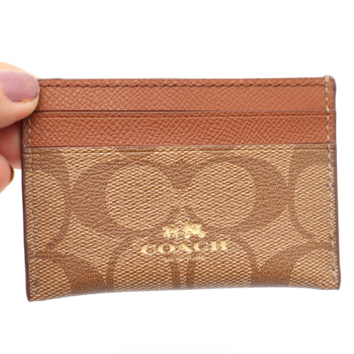 Coach Signature Canvas Card Case Wallet Tan Mahogany Brown Gold Logo