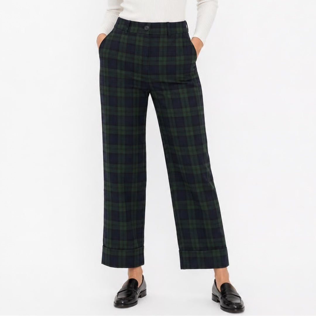 LOFT Womens Black Watch Plaid Cuffed Straight Leg Pants Green Navy Size 8