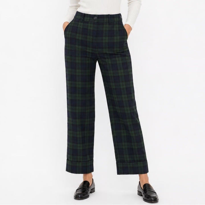 LOFT Womens Black Watch Plaid Cuffed Straight Leg Pants Green Navy Size 8