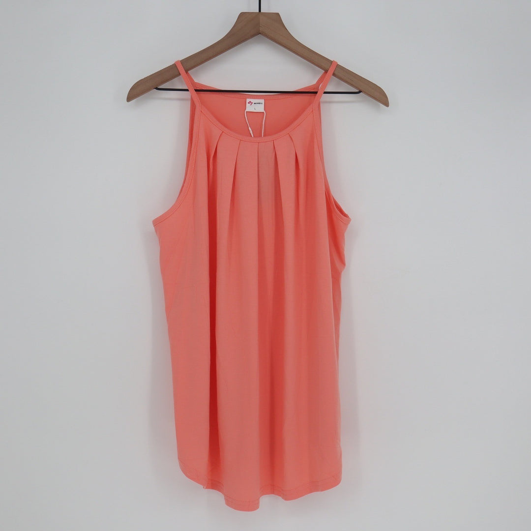 Wiholl Womens Pleated Halter Tank Top Coral Pink High Neck Sleeveless Large NEW