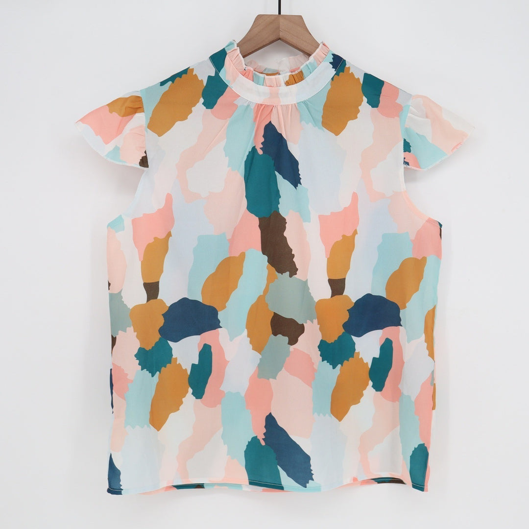 SHEIN Multicolor Abstract Print Mock Neck Flutter Sleeve Blouse Large