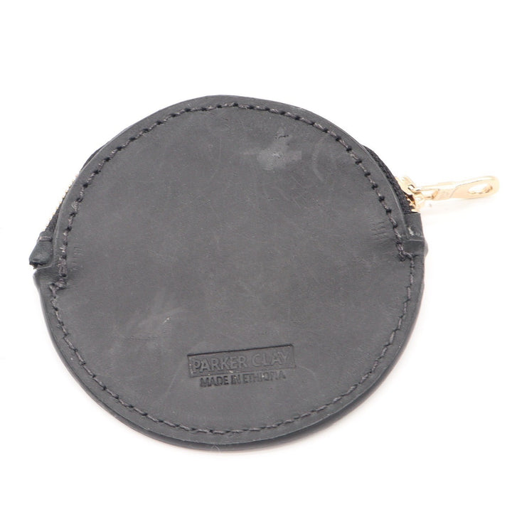 Parker Clay Black Leather Round Coin Purse Pouch Gold Zip Made in Ethiopia