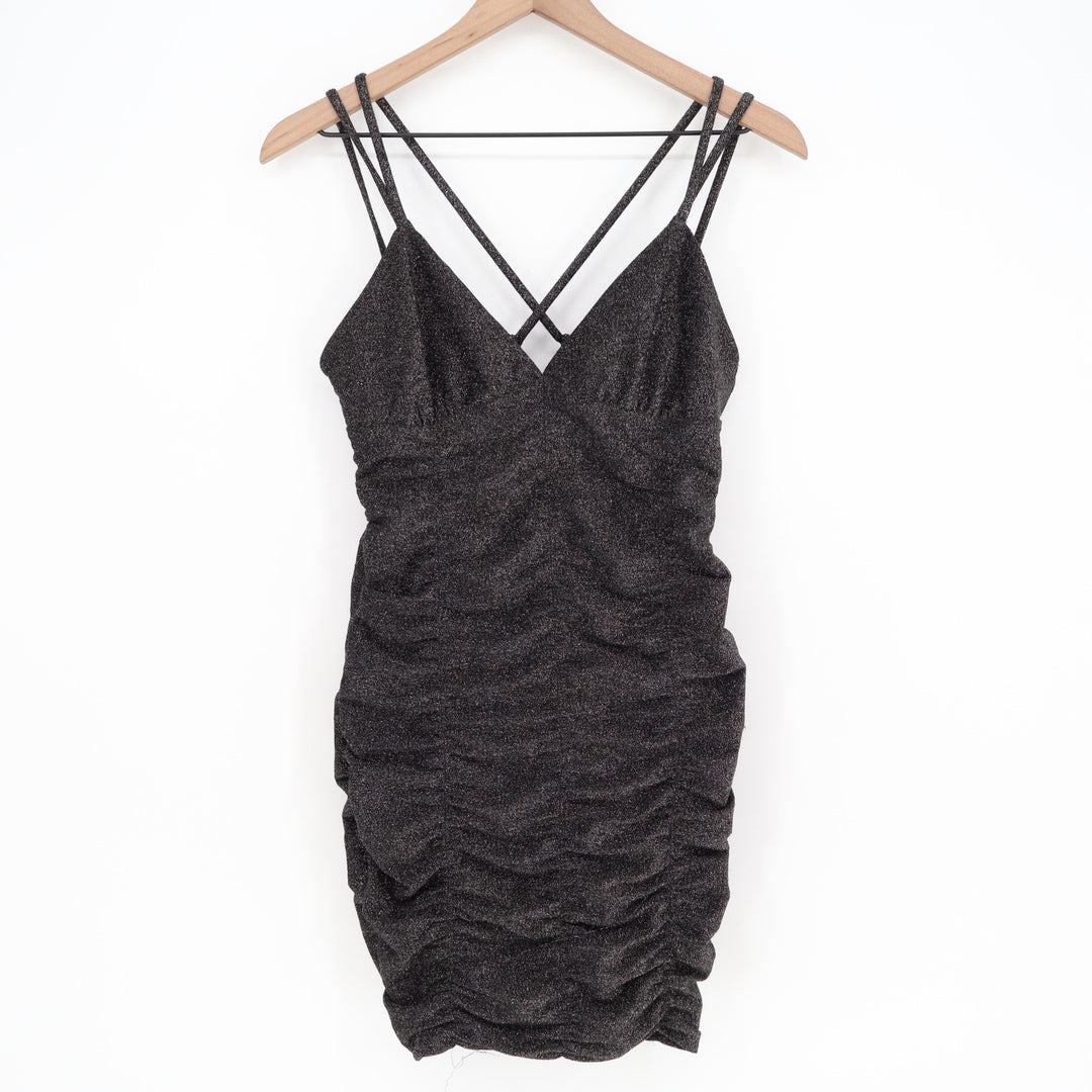 Wild Fable Black Metallic Ruched Bodycon Mini Dress XS Double Strap Cross Back