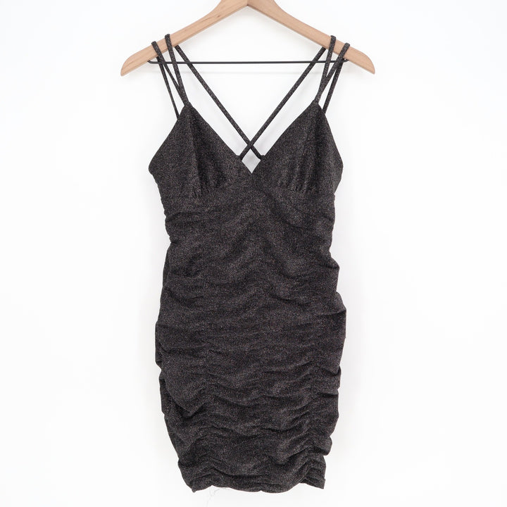 Wild Fable Black Metallic Ruched Bodycon Mini Dress XS Double Strap Cross Back