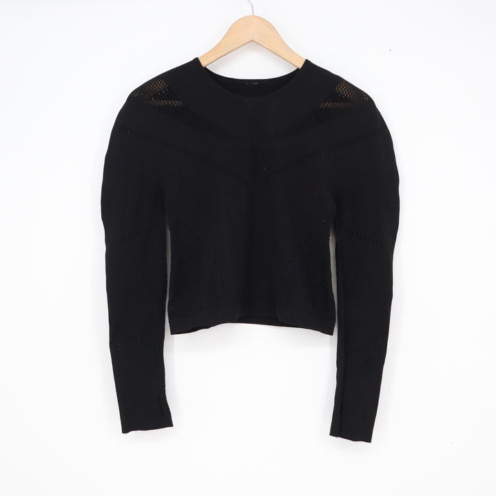Black Knit Pointelle Long Sleeve Cropped Top Structured Shoulder Mesh Detail M