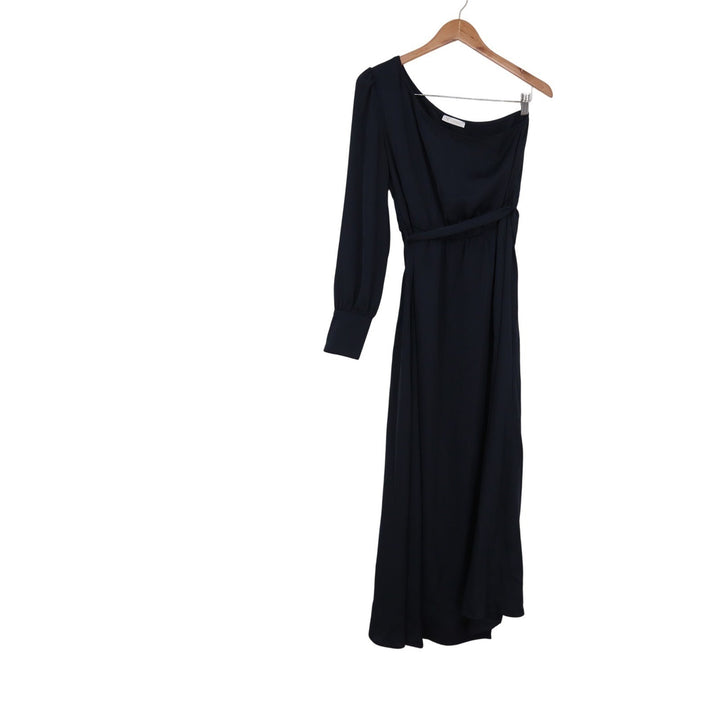 Kirundo Navy Blue One Shoulder Maxi Dress Single Long Sleeve Tie Waist Size M