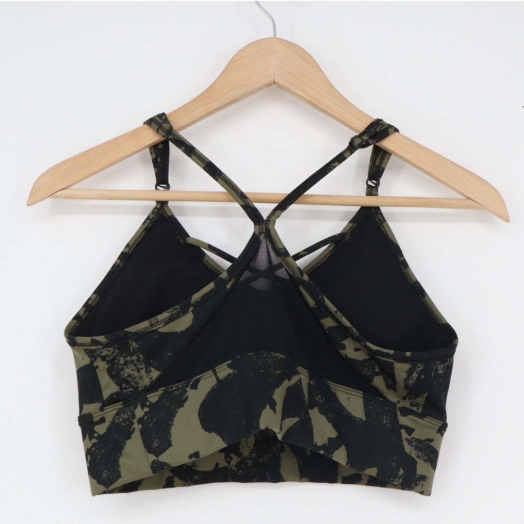 Nike Dri-FIT Indy Sports Bra Medium Olive Green Black Camo Neon Swoosh