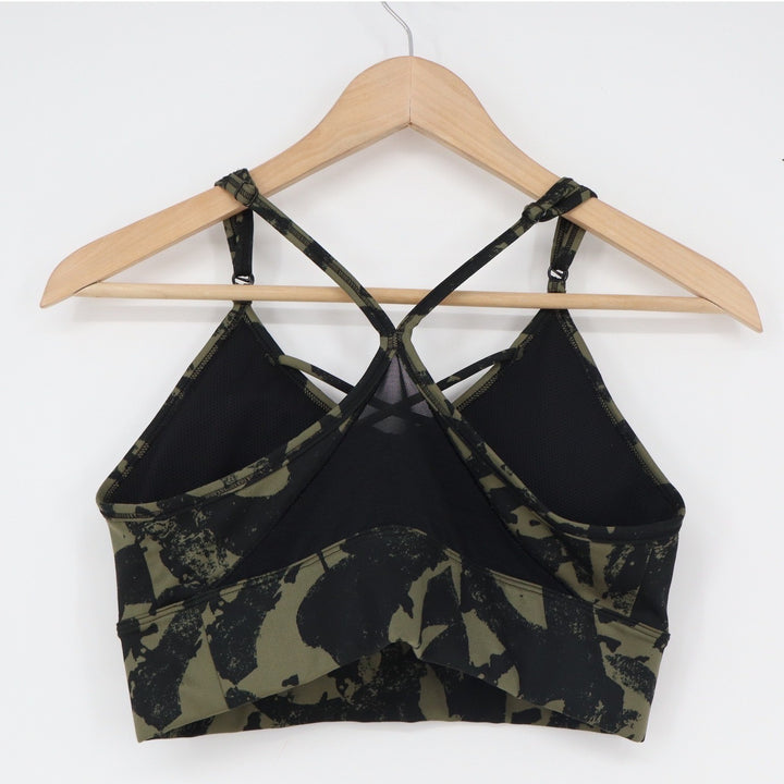Nike Dri-FIT Indy Sports Bra Medium Olive Green Black Camo Neon Swoosh