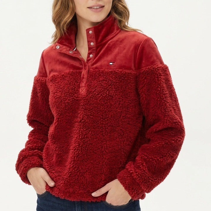 Tommy Hilfiger Sweatshirt Womens L Red Stretch Sherpa Quarter Snap Long Sleeve
